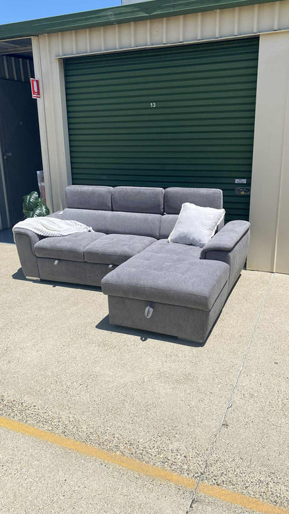 *Brand New* Ex Harvey Norman Capri 2 Seater Graphite Fabric Sofa Bed w/Chaise & Storage