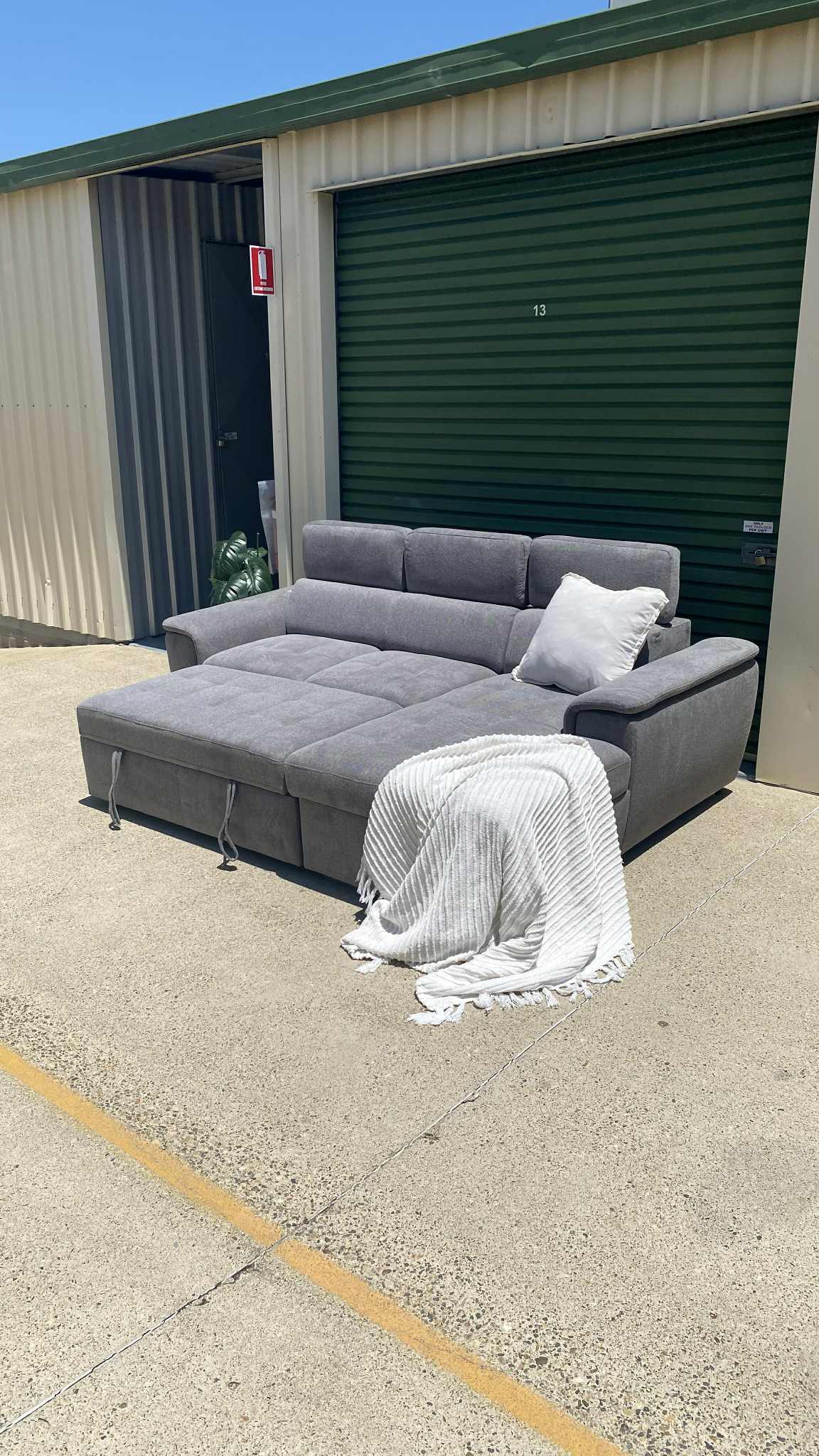 *Brand New* Ex Harvey Norman Capri 2 Seater Graphite Fabric Sofa Bed w/Chaise & Storage