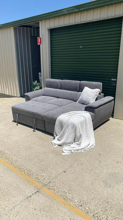 *Brand New* Ex Harvey Norman Capri 2 Seater Graphite Fabric Sofa Bed w/Chaise & Storage
