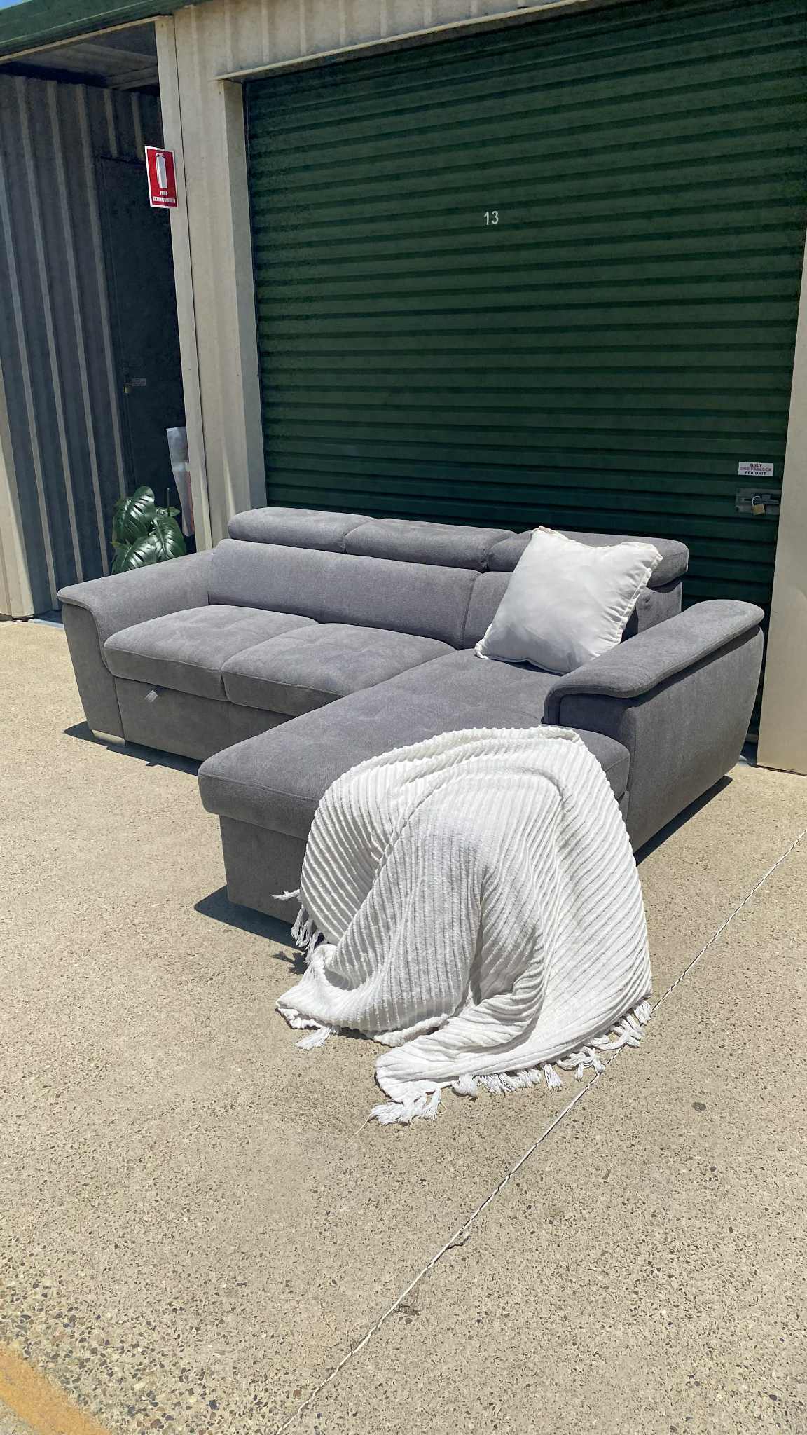 *Brand New* Ex Harvey Norman Capri 2 Seater Graphite Fabric Sofa Bed w/Chaise & Storage