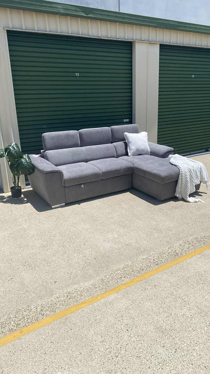 *Brand New* Ex Harvey Norman Capri 2 Seater Graphite Fabric Sofa Bed w/Chaise & Storage