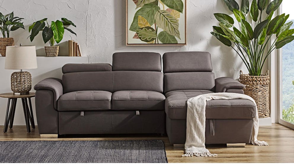 *Brand New* Ex Harvey Norman Capri 2 Seater Graphite Fabric Sofa Bed w/Chaise & Storage